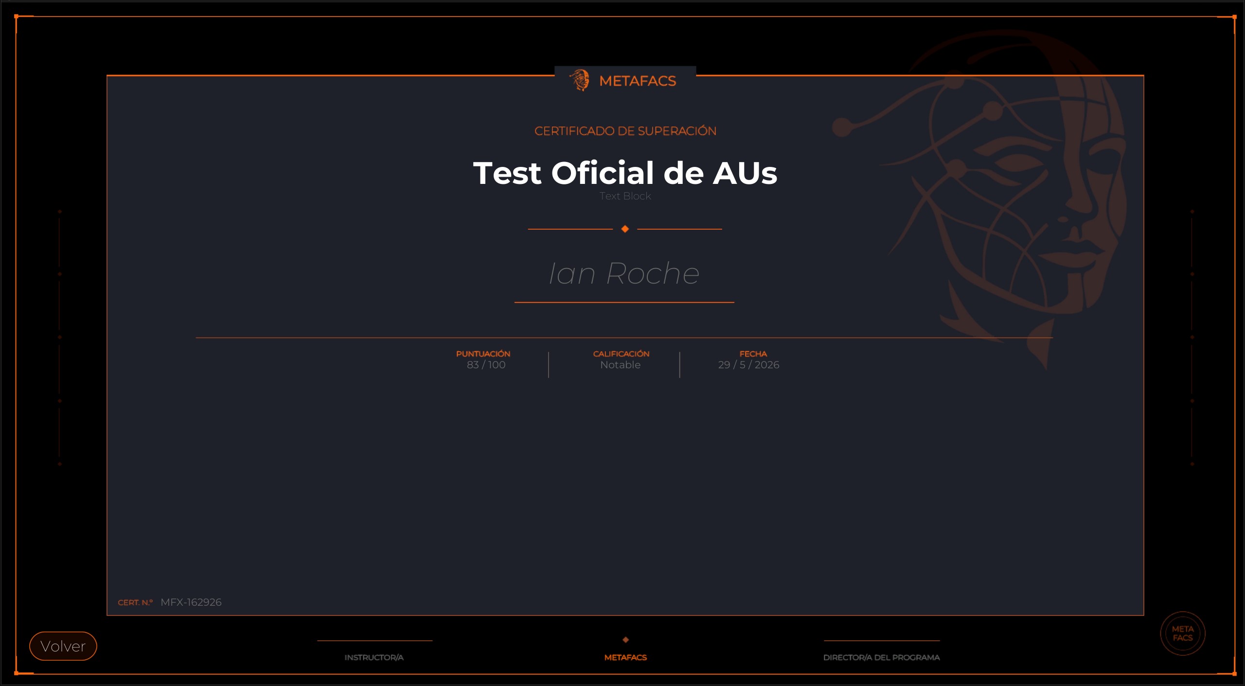 Diploma digital MetaFACS — nota, fecha y número de serie único de validación