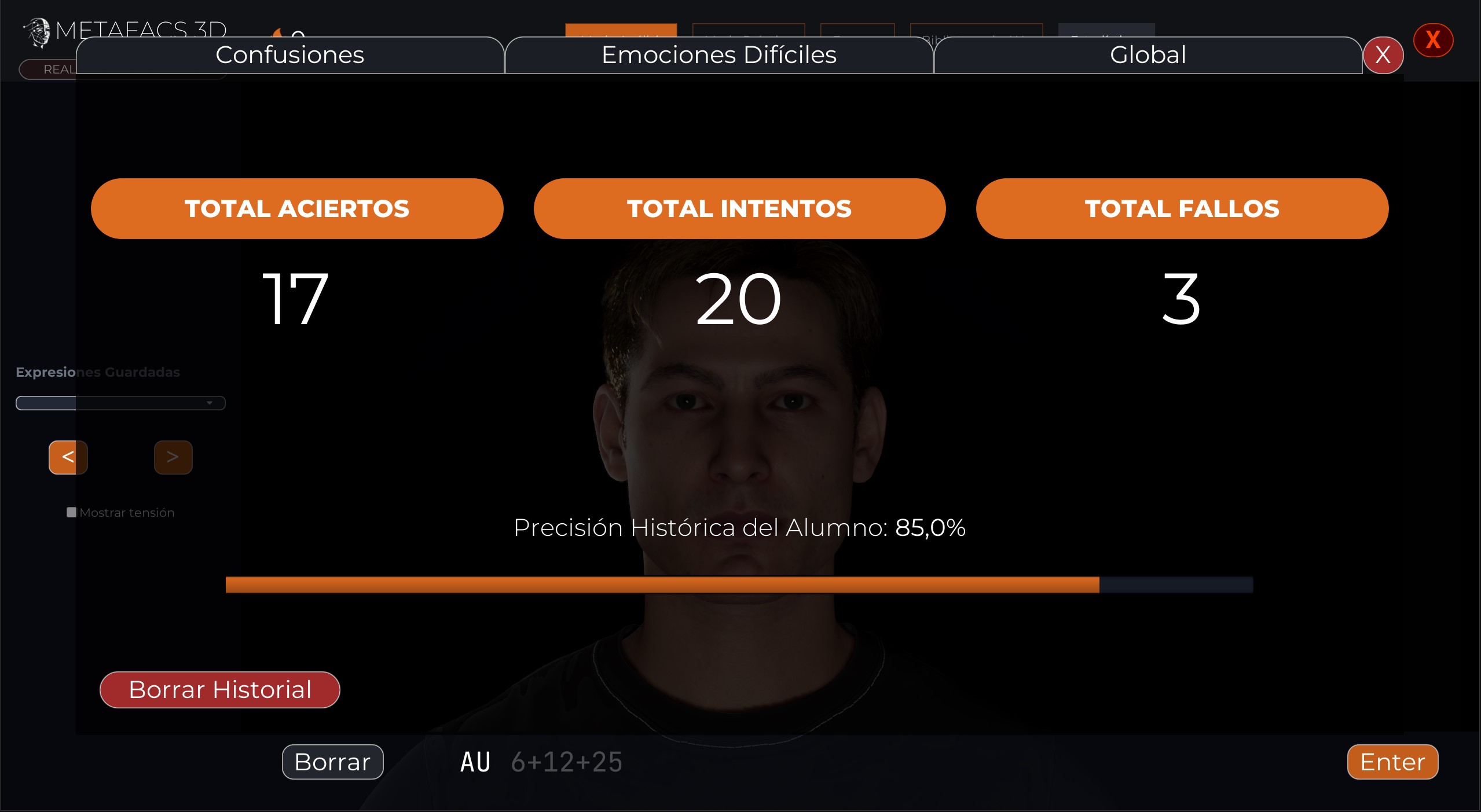 Dashboard analítico — tarjetas KPI y matriz de confusiones por emoción