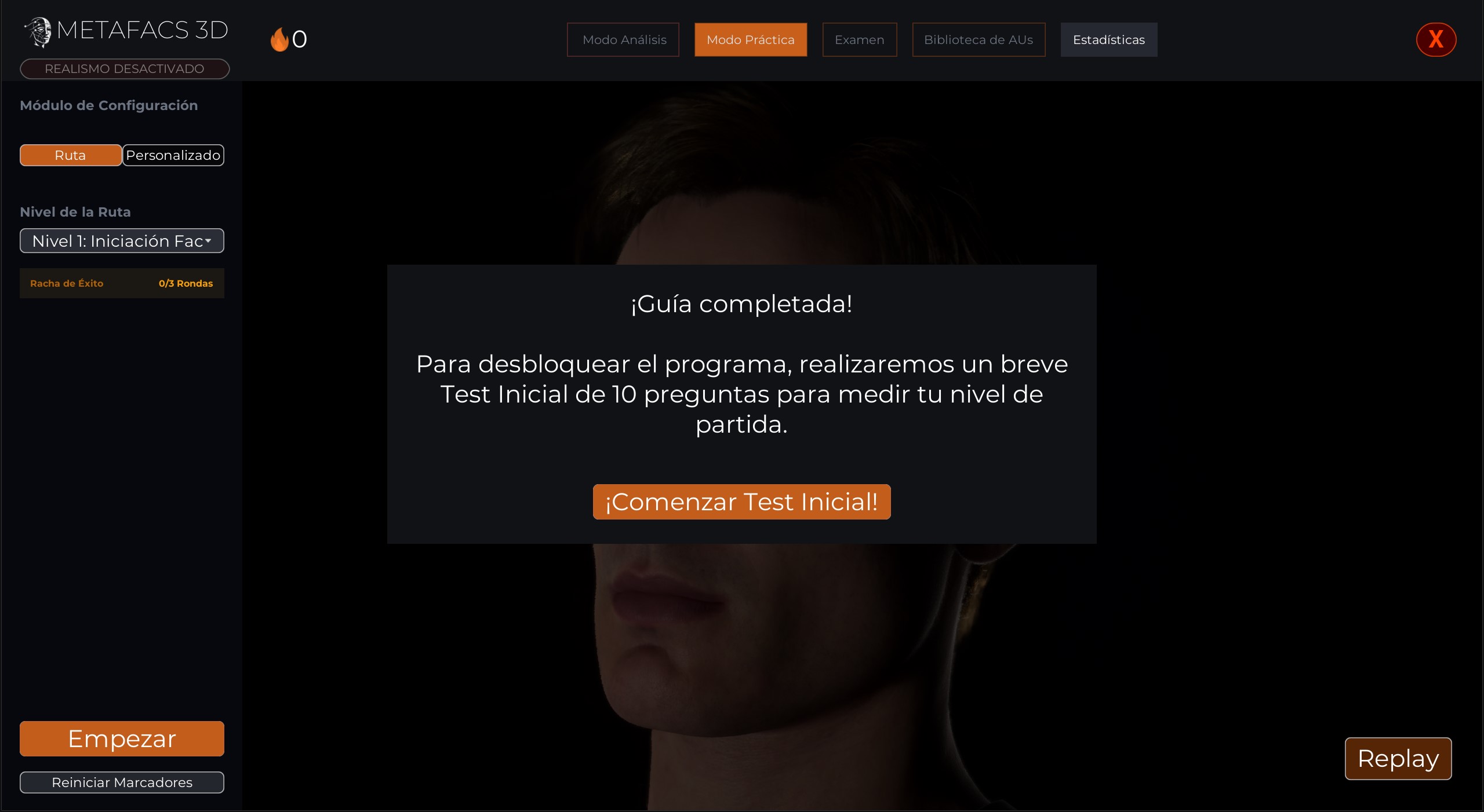 Test de Nivelación Inicial — pantalla de 20 preguntas con resultado de línea base